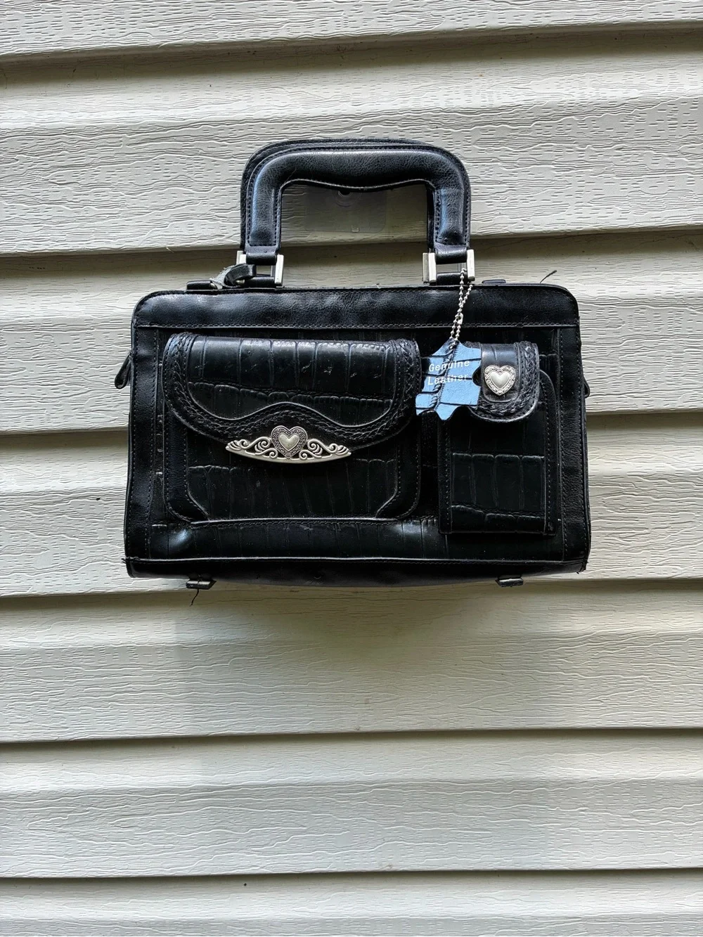 Black Structured Croc-Embossed Men’s Briefcase with Heart Accent